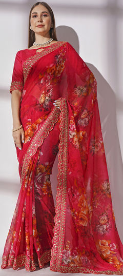 Pink and Majenta color Saree in Georgette fabric with Floral, Printed, Thread, Zari work