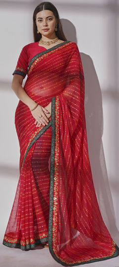 Red and Maroon color Saree in Georgette fabric with Lace, Thread, Zari work