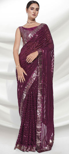 Party Wear, Reception Pink and Majenta color Saree in Georgette fabric with Classic Sequence work : 1876451