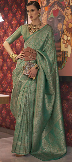 Green color Saree in Banarasi Silk, Silk fabric with Weaving, Zari work