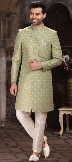 Green color IndoWestern Dress in Jacquard fabric with Broches, Weaving work