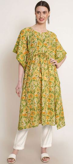 Party Wear Green, Yellow color Kaftan in Cotton fabric with Straight Printed, Tye n Dye work : 1876583