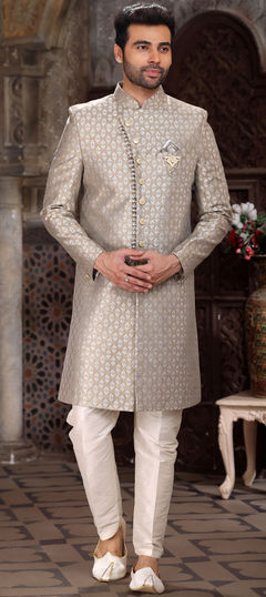 Beige and Brown color IndoWestern Dress in Jacquard fabric with Broches, Weaving work