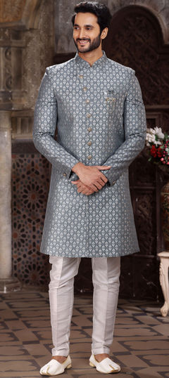 Black and Grey color IndoWestern Dress in Jacquard fabric with Broches, Weaving work