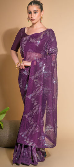 Purple and Violet color Saree in Georgette fabric with Sequence, Thread work