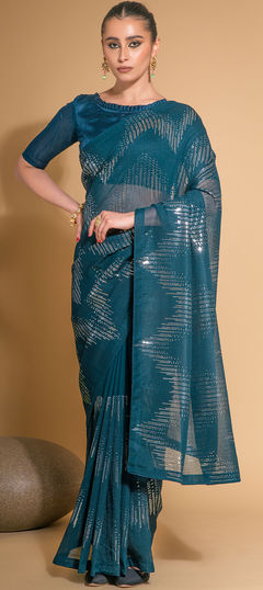 Blue color Saree in Georgette fabric with Sequence, Thread work