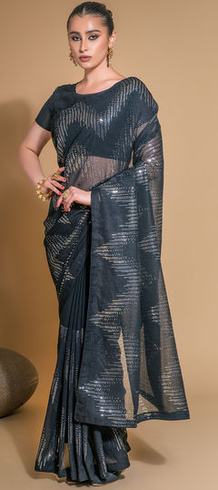 Black and Grey color Saree in Georgette fabric with Sequence, Thread work