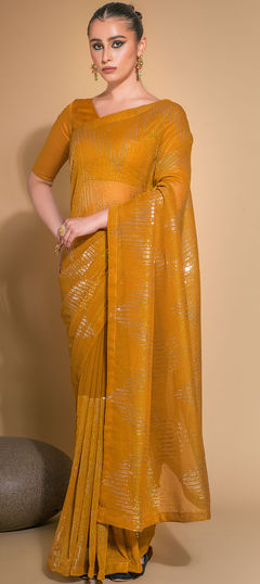 Yellow color Saree in Georgette fabric with Sequence, Thread work