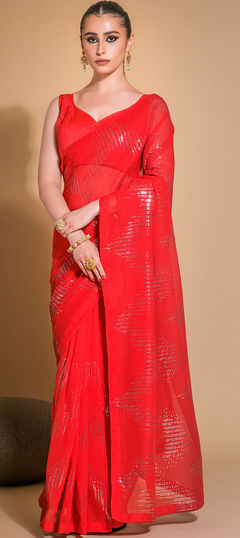 Red and Maroon color Saree in Georgette fabric with Sequence, Thread work