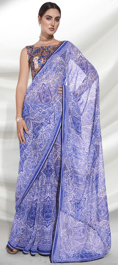 Blue color Saree in Georgette fabric with Printed work