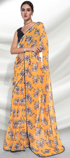 Yellow color Saree in Georgette fabric with Printed work