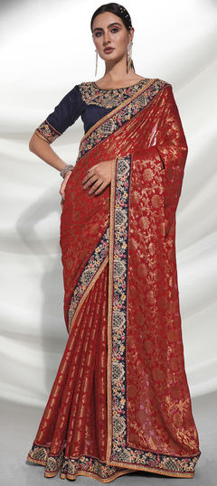 Red and Maroon color Saree in Viscose fabric with Embroidered, Weaving work