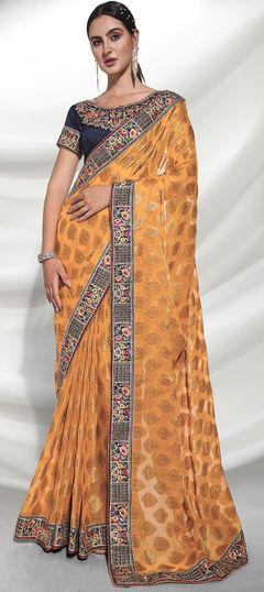 Yellow color Saree in Viscose fabric with Embroidered, Weaving work