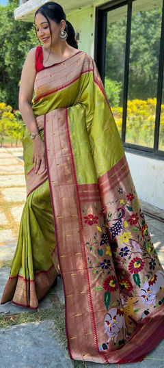 Green color Saree in Art Silk, Silk fabric with Weaving, Zari work