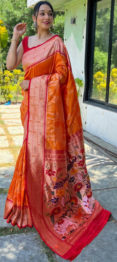 Orange color Saree in Art Silk, Silk fabric with Weaving, Zari work