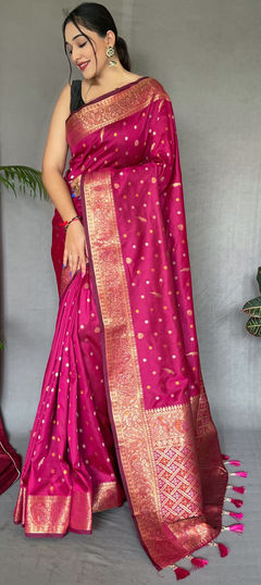 Pink and Majenta color Saree in Organza Silk, Silk fabric with Weaving, Zari work