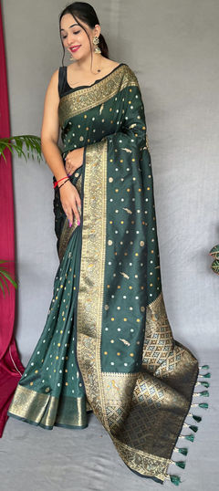 Green color Saree in Organza Silk, Silk fabric with Weaving, Zari work