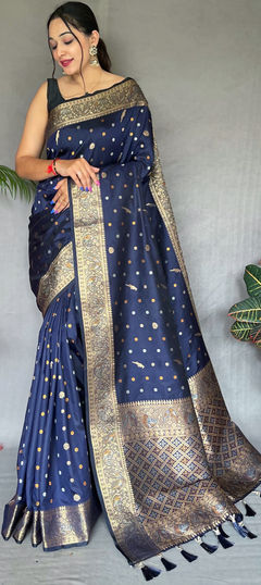 Blue color Saree in Organza Silk, Silk fabric with Weaving, Zari work