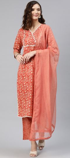 Party Wear, Summer Beige and Brown color Salwar Kameez in Cotton fabric with Straight Lace, Printed, Resham, Thread work : 1877227