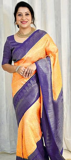 Blue, Yellow color Saree in Litchi Silk, Silk fabric with Weaving work