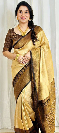 Beige and Brown color Saree in Litchi Silk, Silk fabric with Weaving work