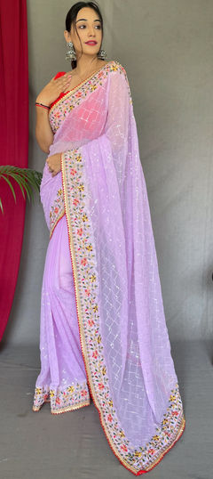 Purple and Violet color Saree in Georgette fabric with Embroidered, Sequence, Thread work