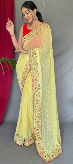 Yellow color Saree in Georgette fabric with Embroidered, Sequence, Thread work