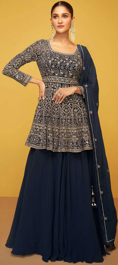 Bollywood Blue color Long Lehenga Choli in Georgette fabric with Embroidered, Sequence work : 1877405