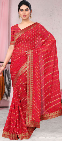 Red and Maroon color Saree in Georgette fabric with Bandhej, Border, Printed work