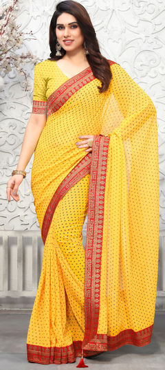 Yellow color Saree in Georgette fabric with Bandhej, Border, Printed work