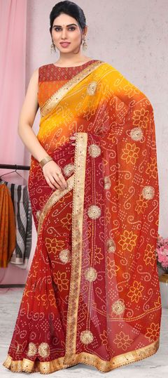 Orange color Saree in Georgette fabric with Bandhej, Border, Printed work