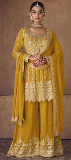 Yellow color Salwar Kameez in Georgette fabric with Embroidered, Foil Print work