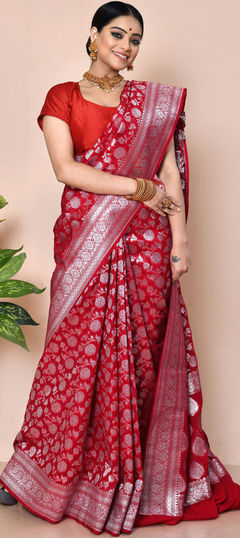 Red and Maroon color Saree in Banarasi Silk, Silk fabric with Weaving, Zari work