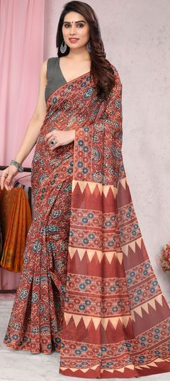 Casual Red and Maroon color Saree in Blended Cotton fabric with Bengali Digital Print work : 1877438