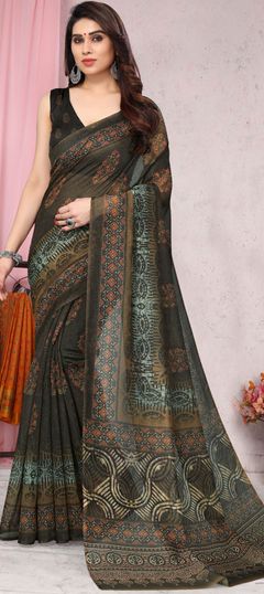 Beige and Brown color Saree in Blended Cotton fabric with Digital Print work