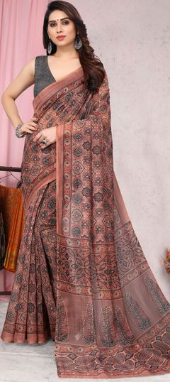 Beige and Brown color Saree in Blended Cotton fabric with Digital Print work