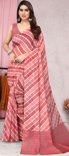 Red and Maroon color Saree in Blended Cotton fabric with Digital Print work