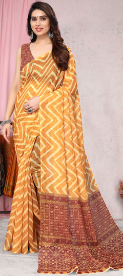 Casual Yellow color Saree in Blended Cotton fabric with Bengali Digital Print work : 1877475