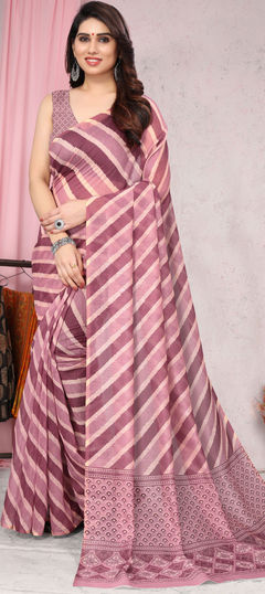 Pink and Majenta color Saree in Blended Cotton fabric with Digital Print, Lehariya work