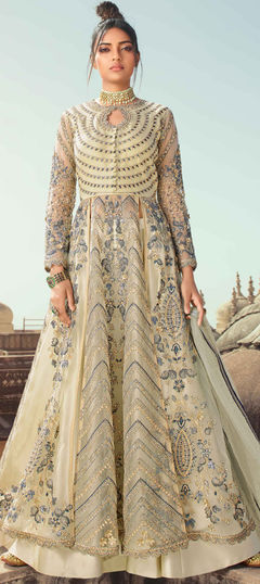 Bollywood Beige and Brown color Long Lehenga Choli in Net fabric with Embroidered, Stone, Zari work : 1877479