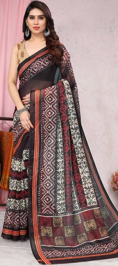 Black and Grey color Saree in Blended Cotton fabric with Digital Print work