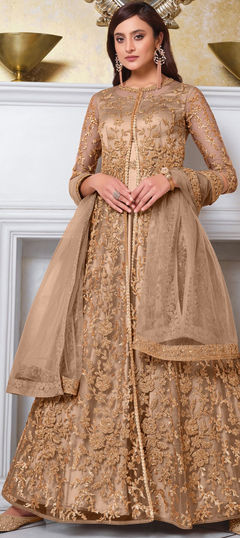 Beige and Brown color Long Lehenga Choli in Net fabric with Embroidered, Stone work