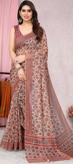 Beige and Brown color Saree in Blended Cotton fabric with Digital Print work