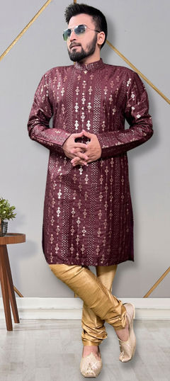 Purple and Violet color Kurta Pyjamas in Silk fabric with Embroidered, Sequence, Thread work