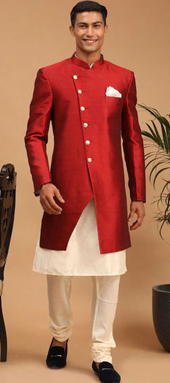 Beige and Brown color Kurta Pyjama with Jacket in Dupion Silk fabric with Thread work