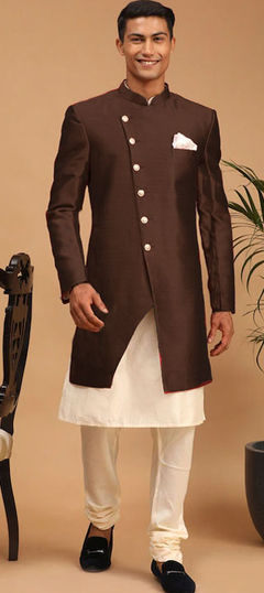 Beige and Brown color Kurta Pyjama with Jacket in Dupion Silk fabric with Thread work