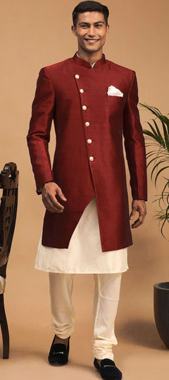 Beige and Brown color Kurta Pyjama with Jacket in Dupion Silk fabric with Thread work