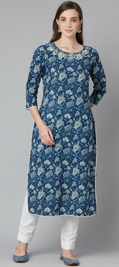 Blue color Kurti in Cotton fabric with Printed work