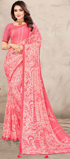 Pink and Majenta color Saree in Chiffon fabric with Lace, Printed work