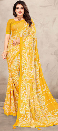 Yellow color Saree in Chiffon fabric with Lace, Printed work